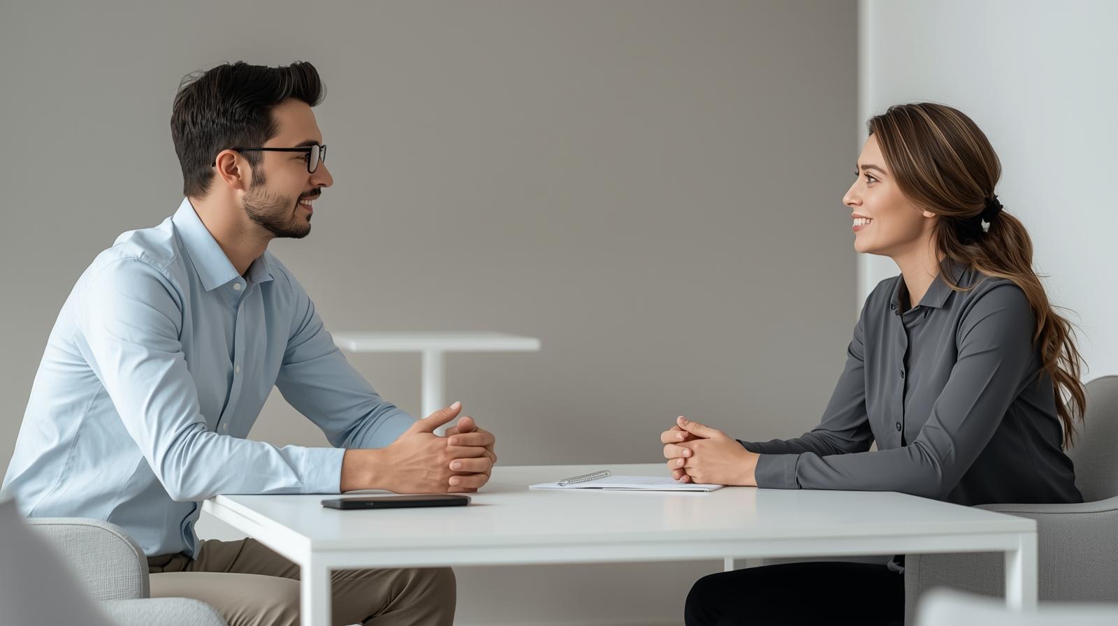 Two professionals having a calm, open discussion in a modern office